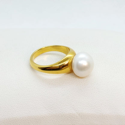 Natural 12mm Pearl Ring in Gold Plated Stainless Steel