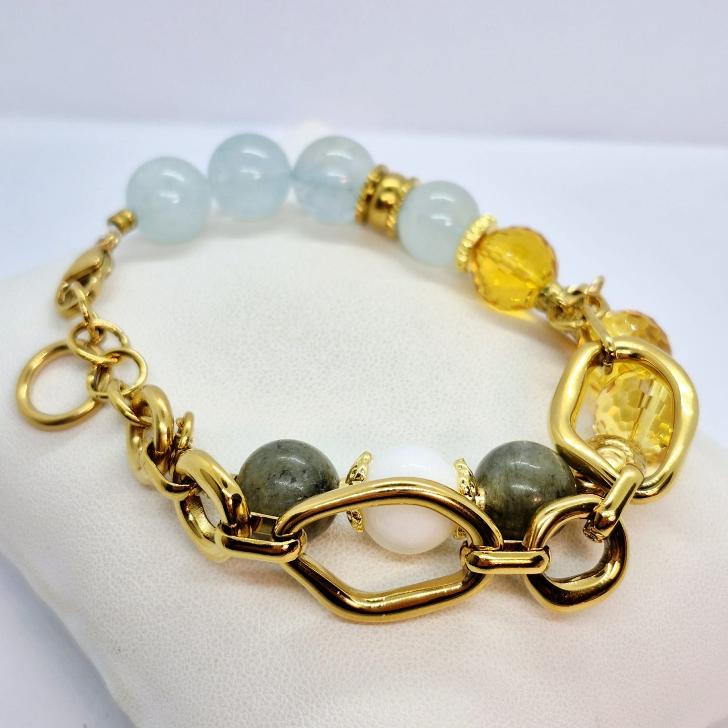 Natural 12mm Mixed Stone Bracelet with Aquamarine, Citrine, Labradorite and Tridacna