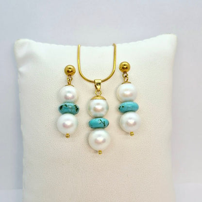 Natural 12mm Pearl and Turquoise Set in Gold Plated Stainless Steel