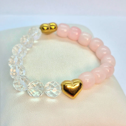 Natural Rose Quartz and White Crystal Quartz Bracelet in 10mm Stones