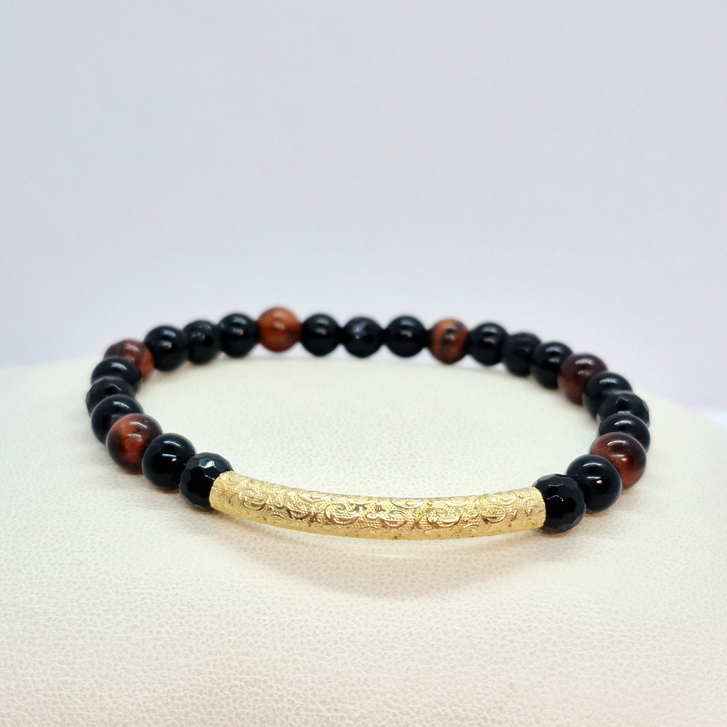 Natural Black Agate Bracelet with 10K Gold Spacer in 6mm Stones