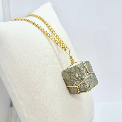 Natural Cube Pyrite Pendant with Stainless Steel Chain