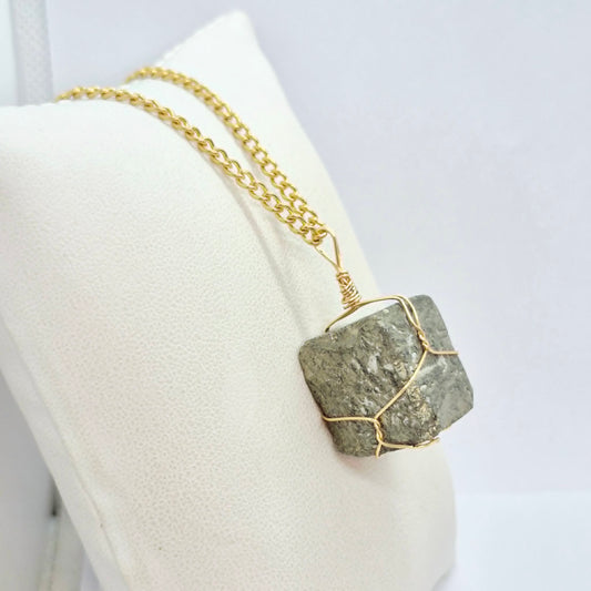 Natural Cube Pyrite Pendant with Stainless Steel Chain