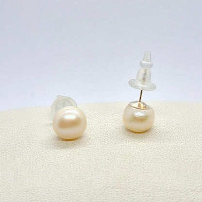Natural 10mm Peach Pearl Stud Earrings in Sterling Silver