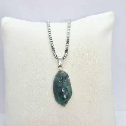 Natural Emerald Stone Pendant with Stainless Steel Chain Necklace