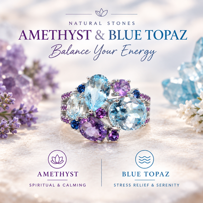 Natural Sky Blue Topaz and Amethyst Stone Ring in Sterling Silver with Nano Sapphire side stones