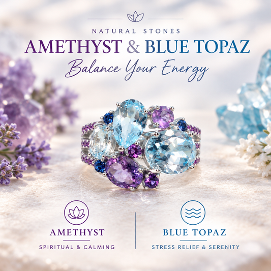 Natural Sky Blue Topaz and Amethyst Stone Ring in Sterling Silver with Nano Sapphire side stones