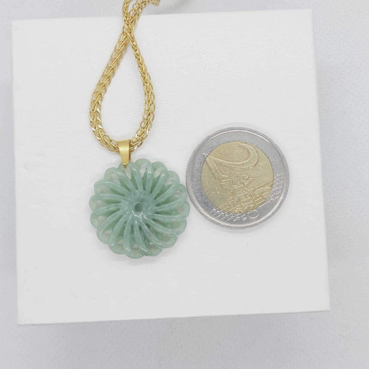 Natural Burmese Jade Flower of Life Pendant with Gold Plated Stainless Steel Chain Necklace