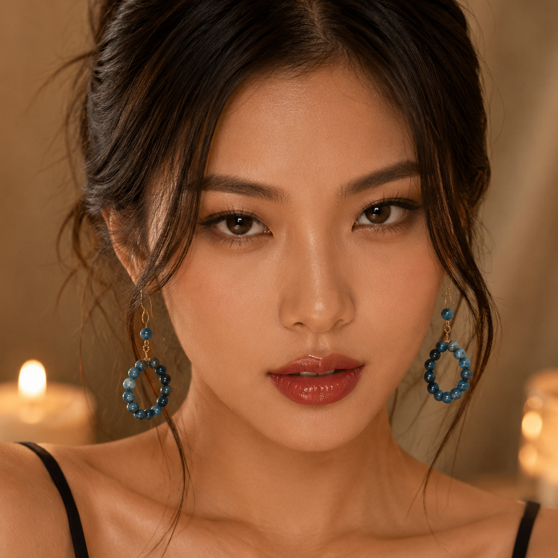 A close-up portrait of a woman wearing large blue beaded hoop earrings, with warm candlelit lighting and a soft neutral background.