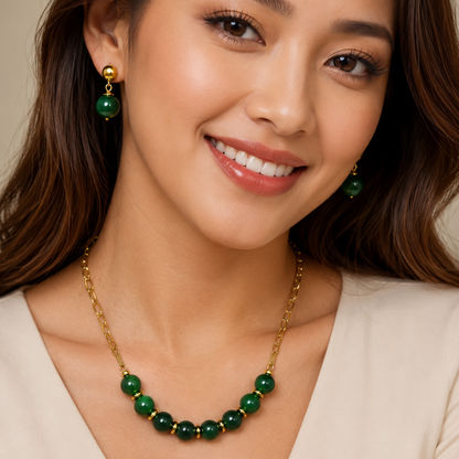 Natural Hetian Jade Set in 12mm Stones and Gold Plated Stainless Steel with Chain Necklace