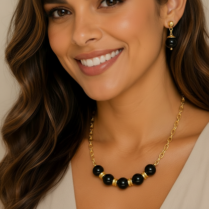 Natural Obsidian Set in 12-14mm Stones Gold Plated Stainless Steel with Chain Necklace