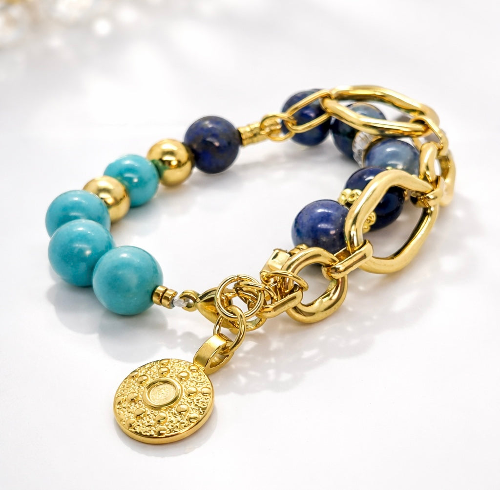 Natural 12mm Blue Stone Bracelet with Turquoise, Lapis and Aventurine