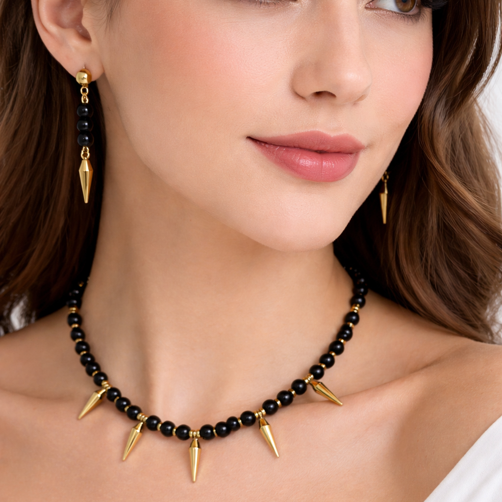 Natural Obsidian Choker Necklace and Earrings Set in Gold Platted Stainless Steel