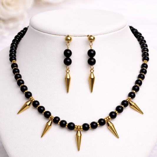 Natural Obsidian Choker Necklace and Earrings Set in Gold Platted Stainless Steel