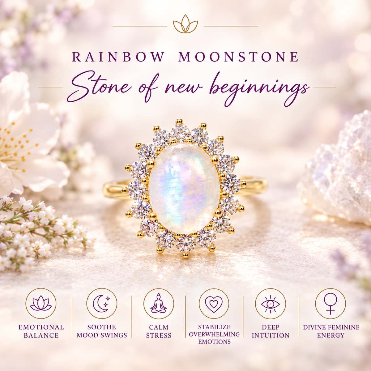 Natural 2ct Rainbow Moonstone Ring in Sterling Silver Gold Plated