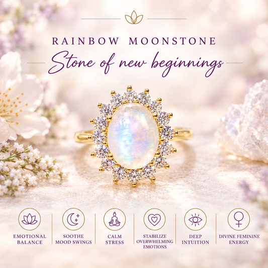 Natural 2ct Rainbow Moonstone Ring in Sterling Silver Gold Plated