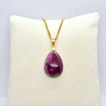 Natural Ruby Stone RainDrop with Stainless Steel Gold Plated Chain Necklace
