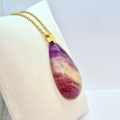 Natural Fluorite RainDrop with Stainless Steel Gold Plated Chain Necklace