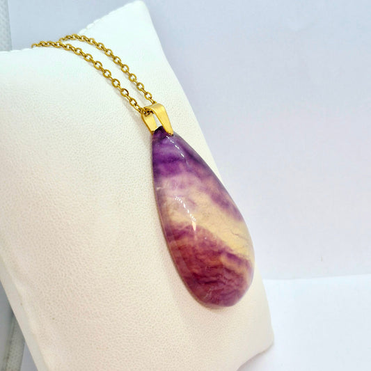 Natural Fluorite RainDrop with Stainless Steel Gold Plated Chain Necklace