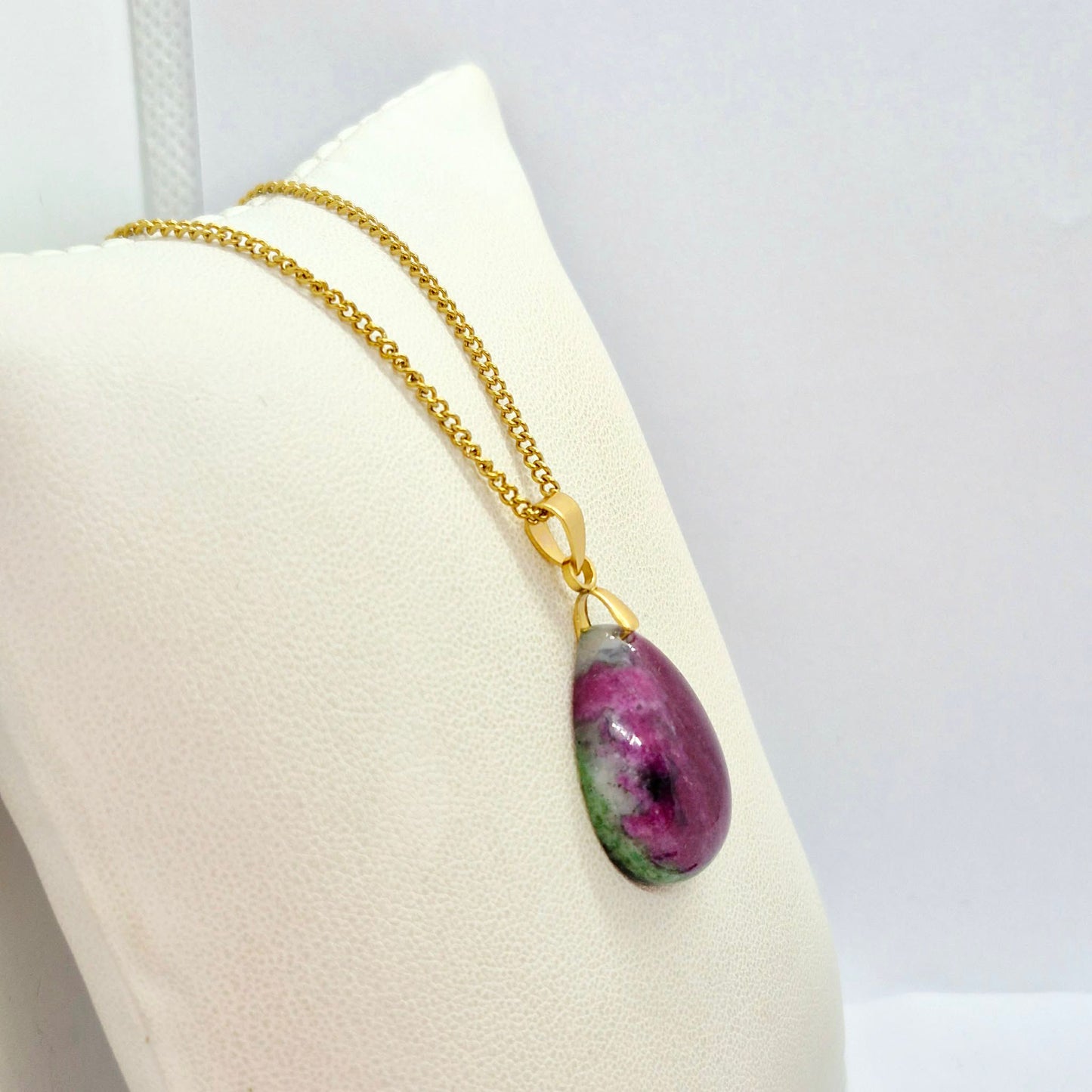 Natural Ruby Stone RainDrop with Stainless Steel Gold Plated Chain Necklace