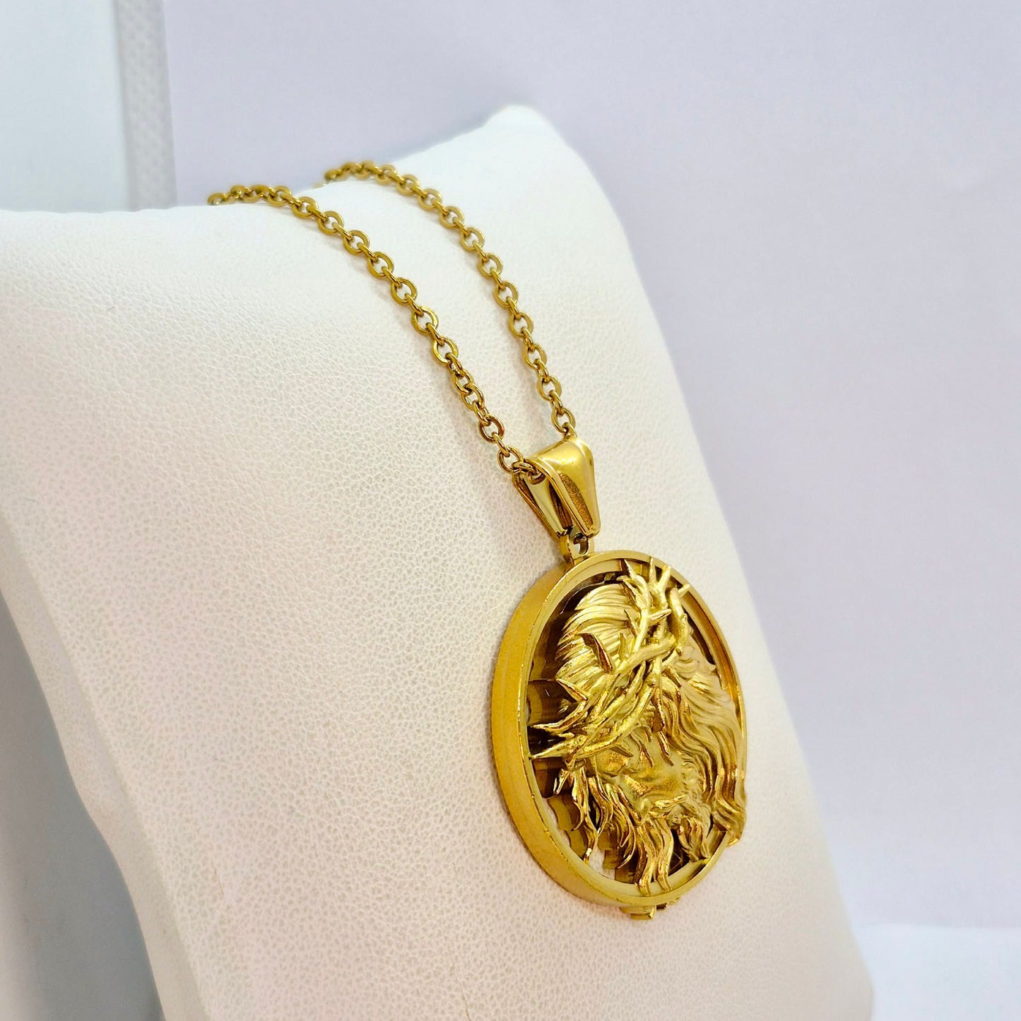 Jesus Pendant and Necklace in Gold Platted Stainless Steel