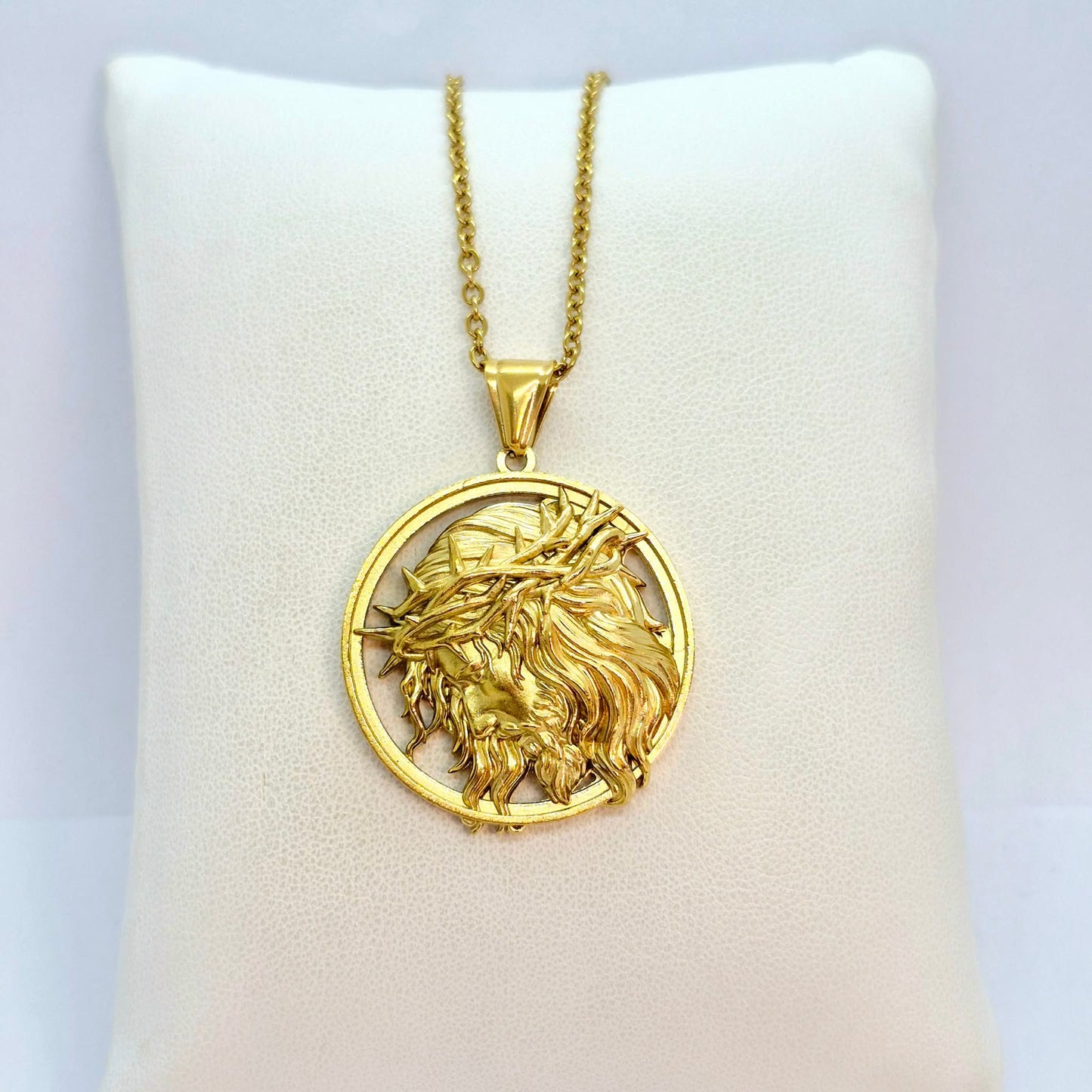 Jesus Pendant and Necklace in Gold Platted Stainless Steel