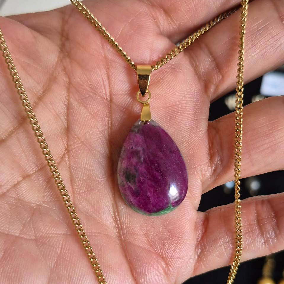 Natural Ruby Stone RainDrop with Stainless Steel Gold Plated Chain Necklace