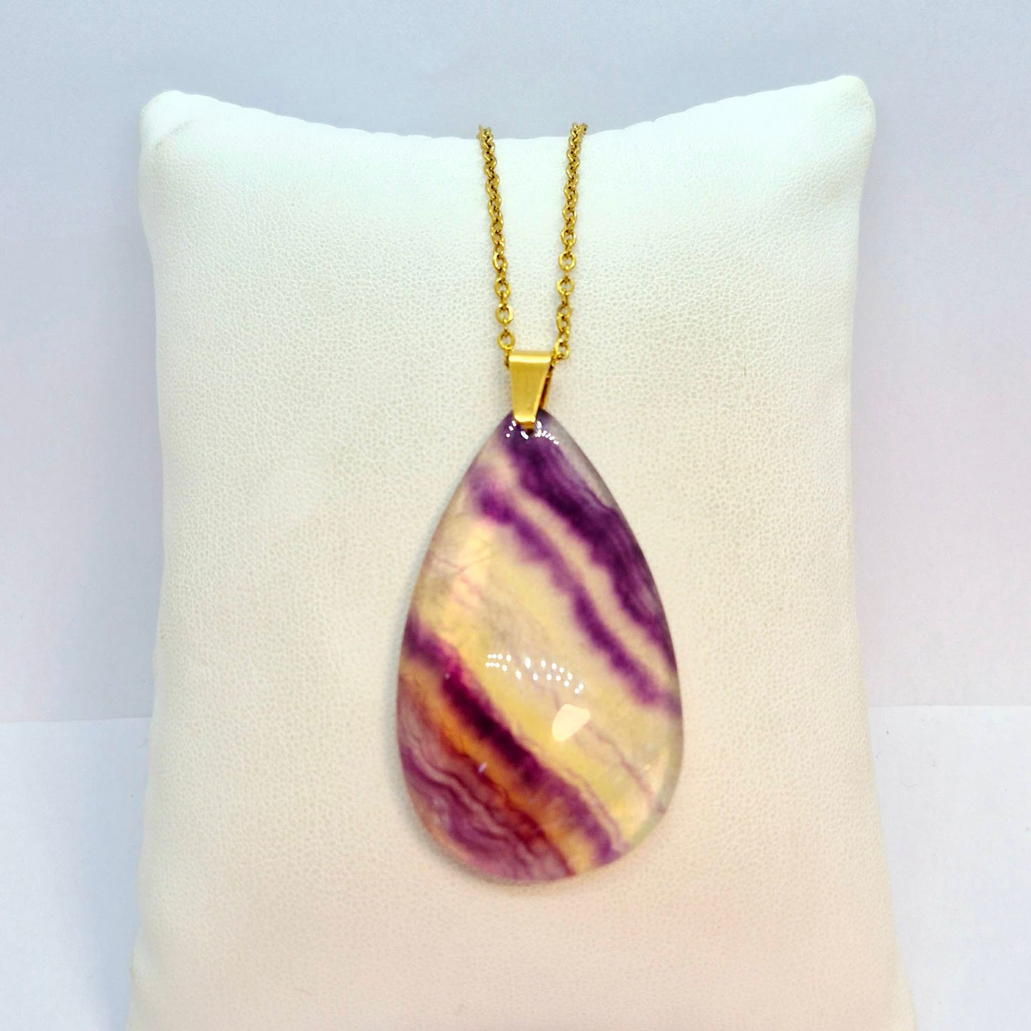Natural Fluorite RainDrop with Stainless Steel Gold Plated Chain Necklace