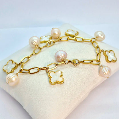 Natural Peach Pearl Bracelet with Clover Charms in Gold Plated Stainless Steel