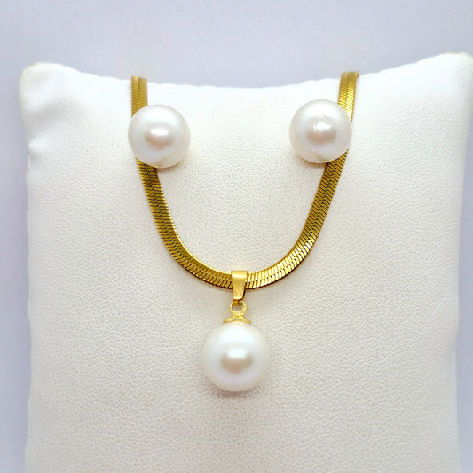 Natural 12mm Edison Pearl Set in Gold Plated Stainless Steel with Snake Chain Necklace