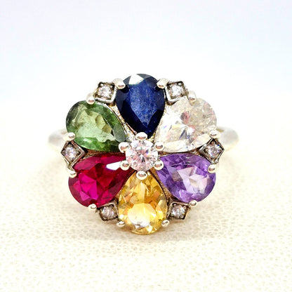 Natural Stone Ring with Amethyst, Sapphire, Citrine, Peridot, Moissanite and Created Ruby in Sterling Silver