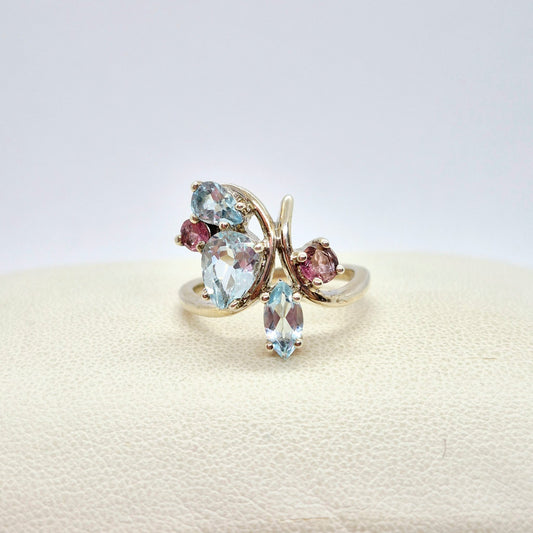 Natural Stone Ring with Sky Blue Topaz and Pink Tourmaline in Sterling Silver