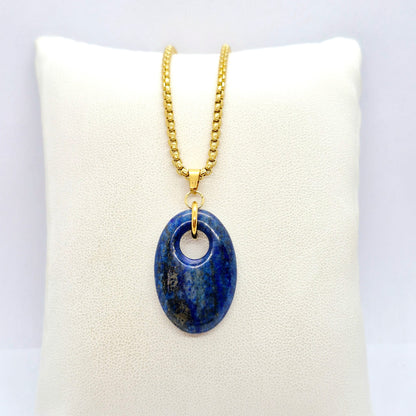 Natural Stone Pendant in Obsidian, Opal or Lapis with Stainless Steel Gold Plated Chain Necklace