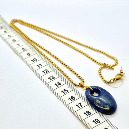 Natural Stone Pendant in Obsidian, Opal or Lapis with Stainless Steel Gold Plated Chain Necklace