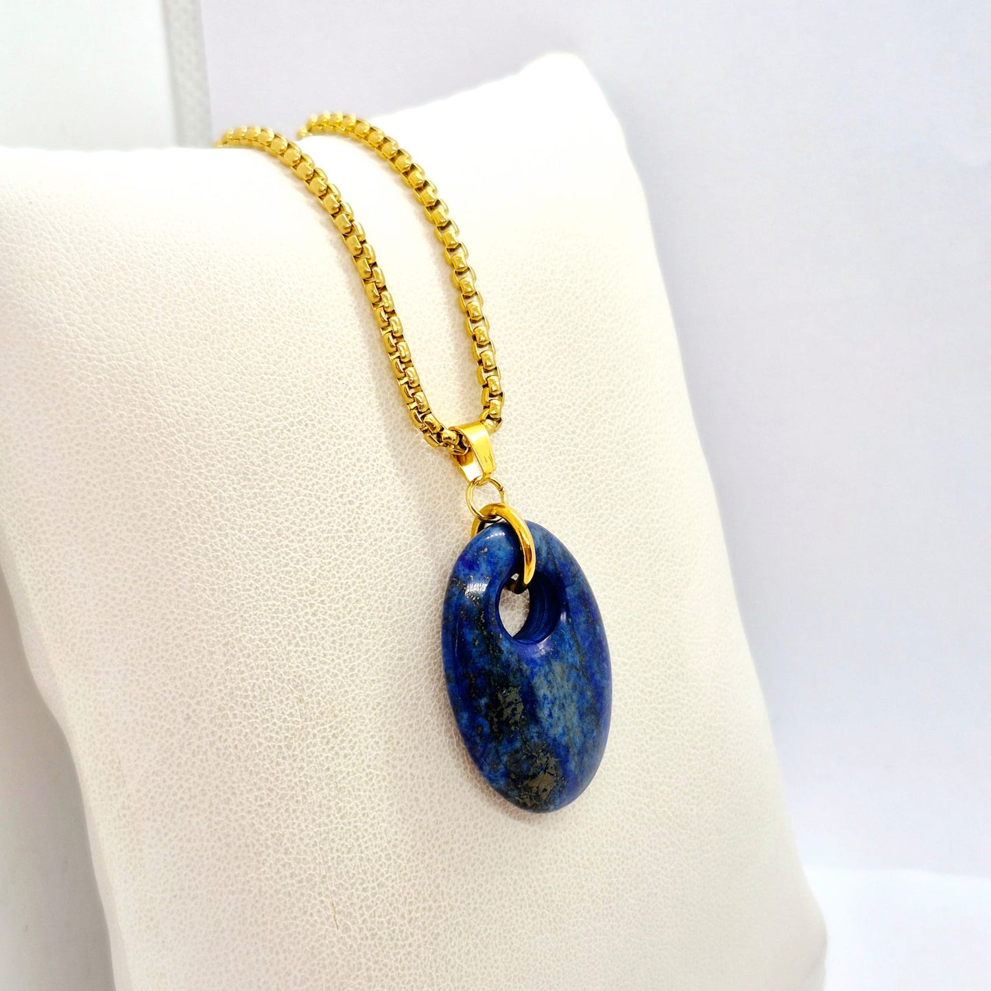 Natural Stone Pendant in Obsidian, Opal or Lapis with Stainless Steel Gold Plated Chain Necklace