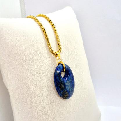 Natural Stone Pendant in Obsidian, Opal or Lapis with Stainless Steel Gold Plated Chain Necklace