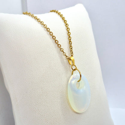 Natural Stone Pendant in Obsidian, Opal or Lapis with Stainless Steel Gold Plated Chain Necklace