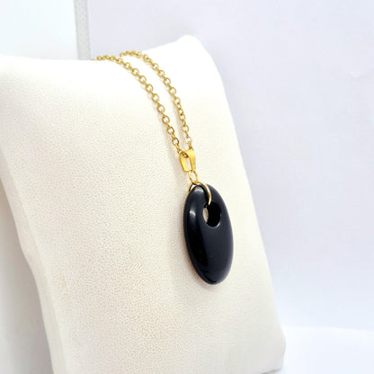 Natural Stone Pendant in Obsidian, Opal or Lapis with Stainless Steel Gold Plated Chain Necklace