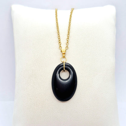 Natural Stone Pendant in Obsidian, Opal or Lapis with Stainless Steel Gold Plated Chain Necklace