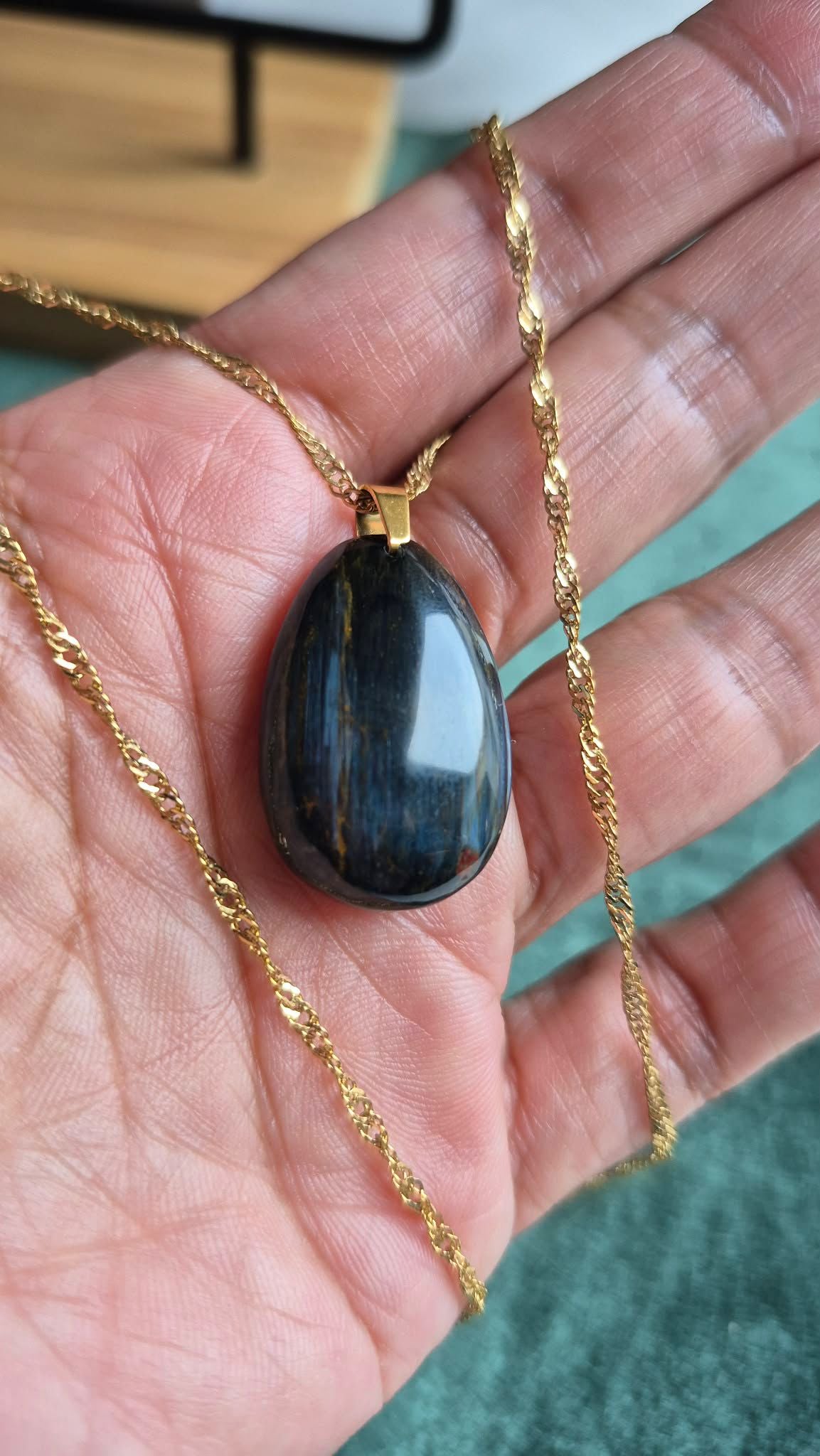 Natural Pietersite RainDrop Pendant with Stainless Steel Gold Plated Chain Necklace