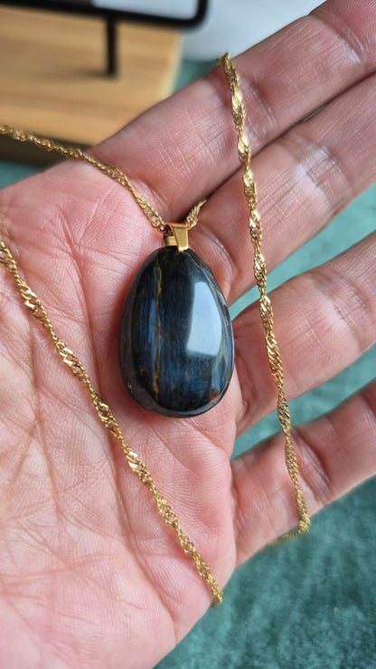 Natural Pietersite RainDrop Pendant with Stainless Steel Gold Plated Chain Necklace