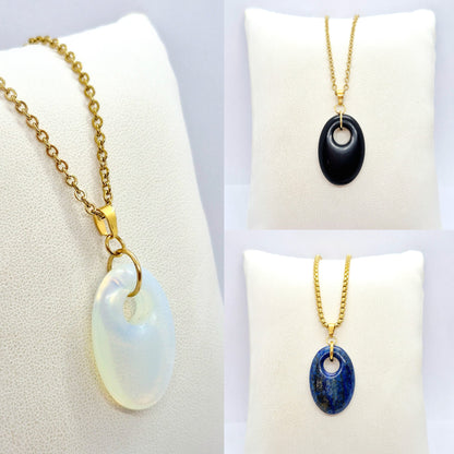 Natural Stone Pendant in Obsidian, Opal or Lapis with Stainless Steel Gold Plated Chain Necklace