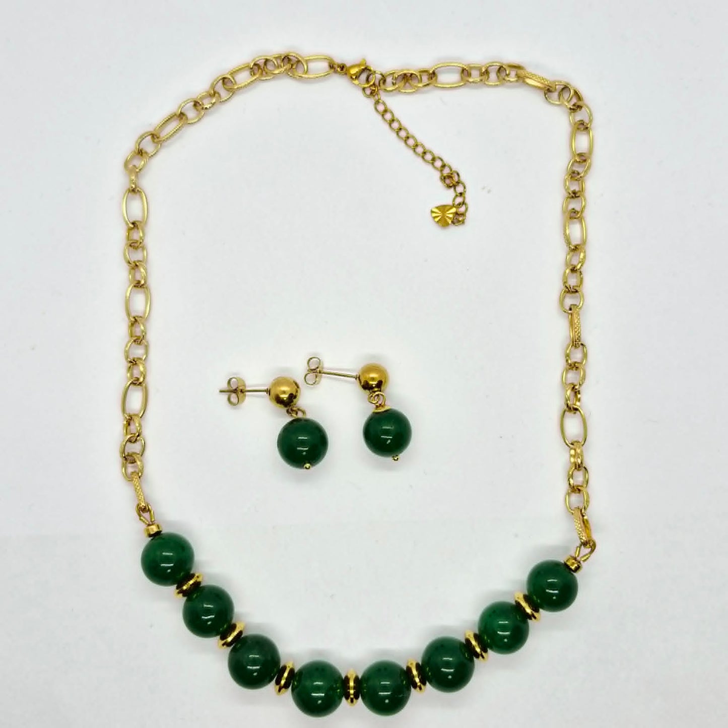 Natural Hetian Jade Set in 12mm Stones and Gold Plated Stainless Steel with Chain Necklace