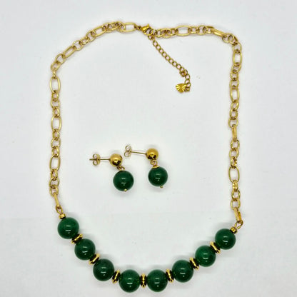 Natural Hetian Jade Set in 12mm Stones and Gold Plated Stainless Steel with Chain Necklace