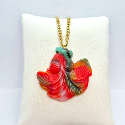 Natural Multi Colored Hetian Jade Fish Pendant with Stainless Steel Gold Plated Chain Necklace