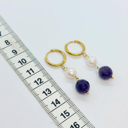 Natural Amethyst and Pearl Dangle Hoop Earrings in Gold Plated Stainless Steel