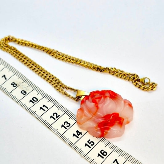 Natural Red&White Hetian Jade Rose Pendant with Stainless Steel Chain Necklace