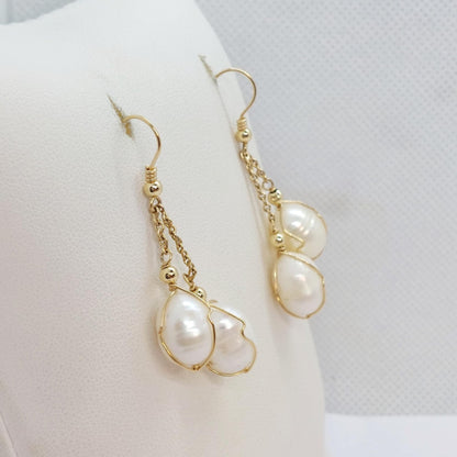 Natural Pearl Dangle Earrings in 10K Gold