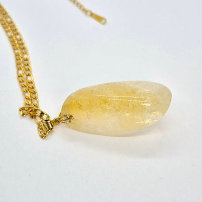 Natural Citrine Rutilated Quartz Pendant with Gold Plated Stainless Steel Chain Necklace