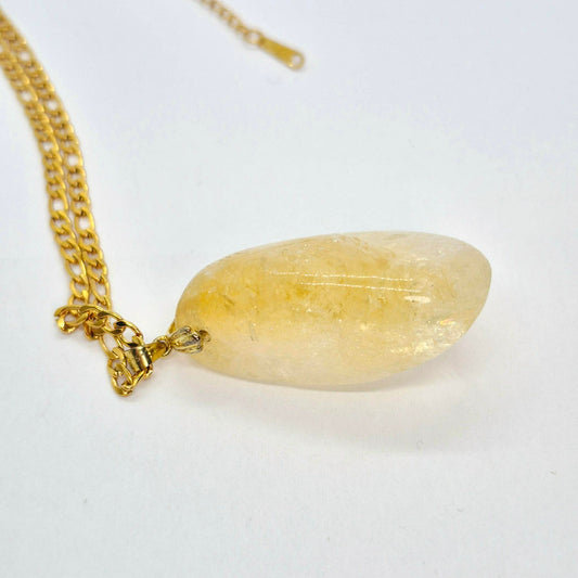 Natural Citrine Rutilated Quartz Pendant with Gold Plated Stainless Steel Chain Necklace